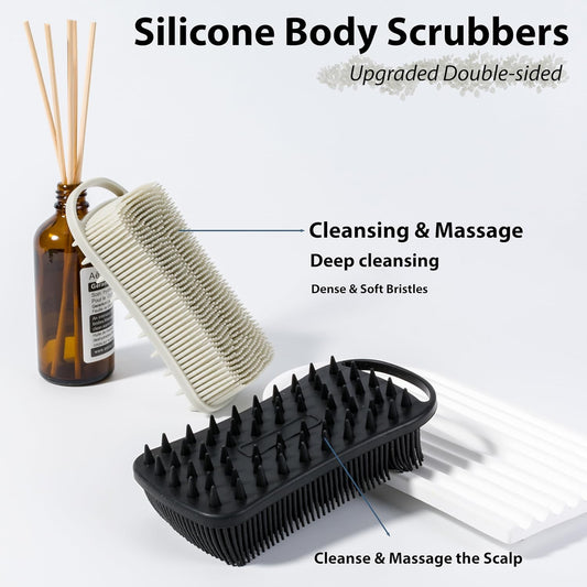 2 PC Silicone Exfoliating Body Scrubber, 2 in 1 Silicone Body Shampoo Brush, Soft Silicone Loofah for Sensitive Skin, Shower Silicone Hair Scalp Massager, Easy to Clean, Lather Well (Grey&Black)