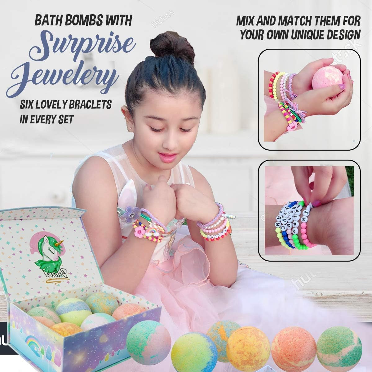 Unicorn Bath Bombs for Girls with Jewelry inside & Jewelry Box for Kids - Organic, Skin Moisturizing, Natural Bubble Bath Bombs for Kids with Surprise Toy Inside, Birthday, Christmas Gift for Girls