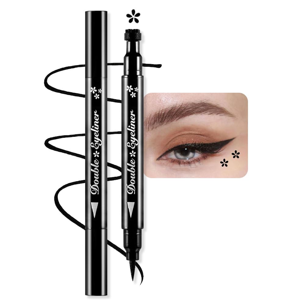 Double-Sided Liquid Stamp Eyeliner Pen, Face Stamps Makeup Extremely Black Waterproof Slim Gel Felt Tip High Black Pigment Liquid Eyeliner & Seal (Black)