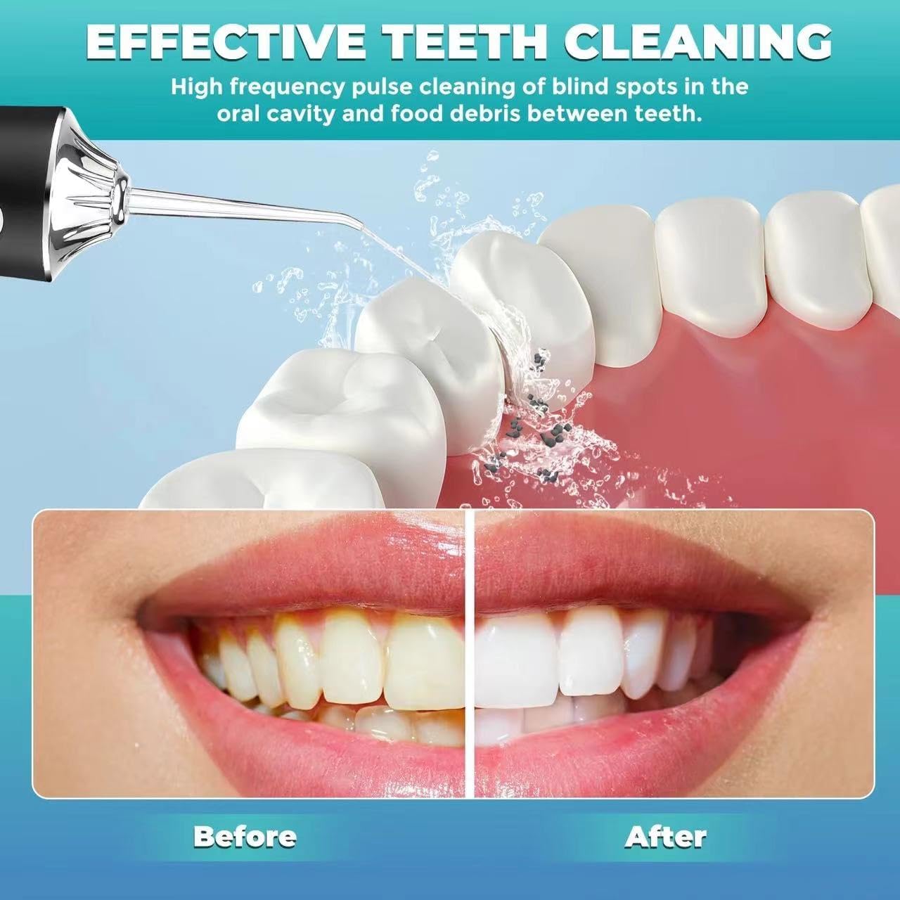 Water Dental Flosser Teeth Pick Portable Cordless Oral Irrigator Rechargeable Travel Irrigation Cleaner 3 Modes 4 Jets IPX7 Waterproof Electric (Black)