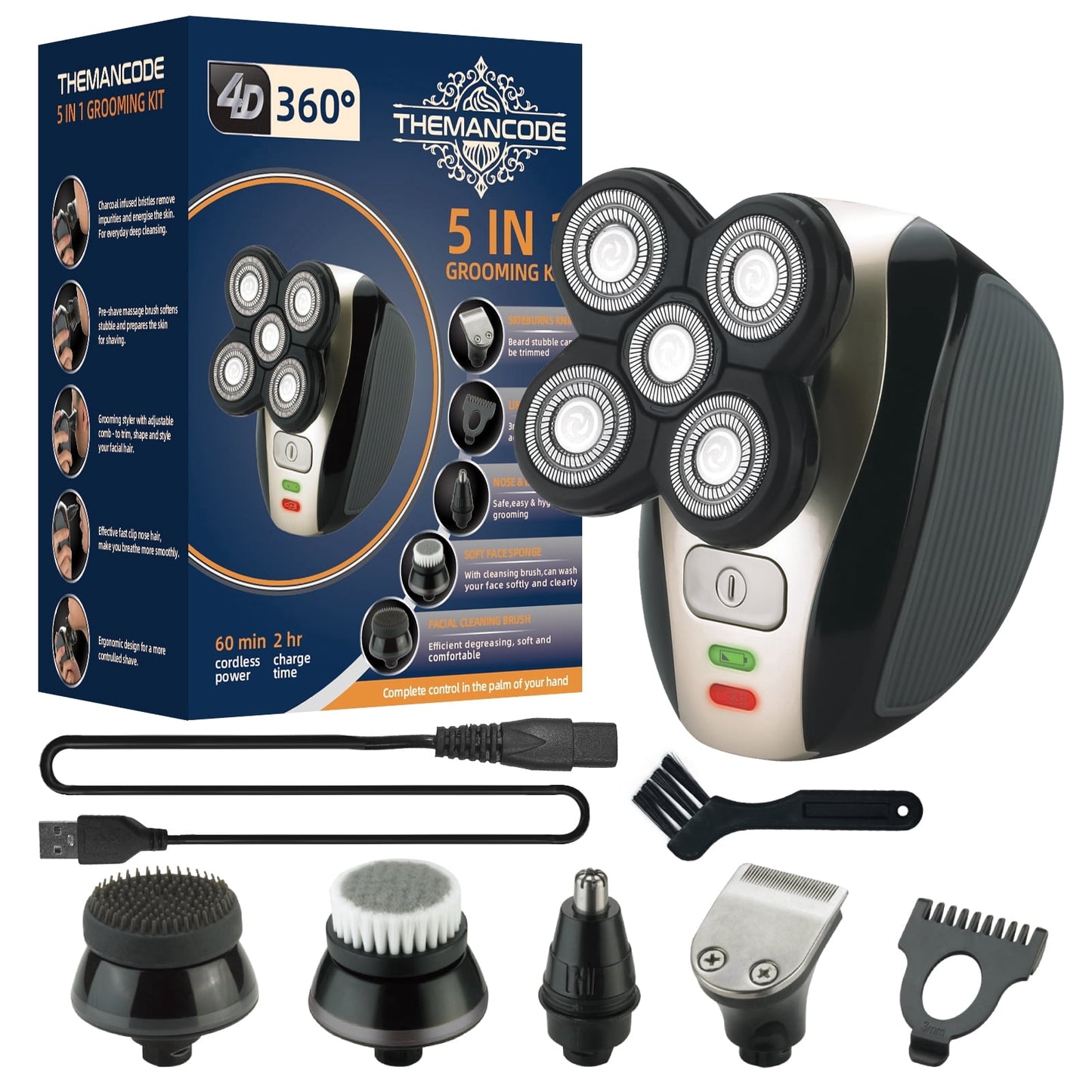 5-In-1 Head Shaver for Bald Men, 4D Electric Rotary Razor, Cordless Wet & Dry Waterproof, Rechargeable Grooming Kit with Precision Blades, Nose Trimmer & Facial Brush, Father'S Day Gift