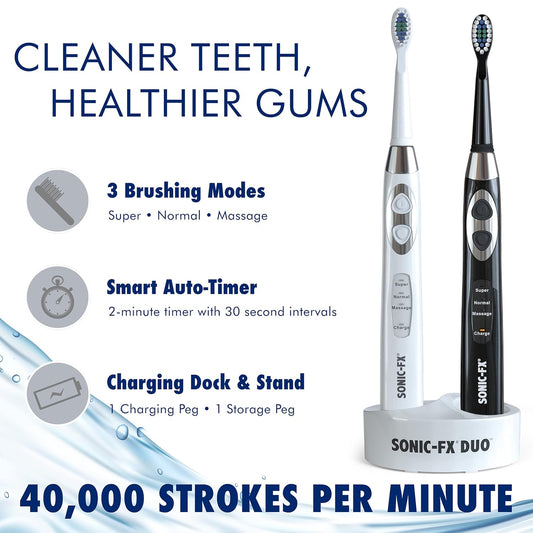 Duo Rechargeable Electric Toothbrush Set - with 14 Brush Heads, 3 Modes, Smart Auto-Timer, Charging Dock Holder - Dual Handle Electric Tooth Brush for Adults & Kids, Black and White