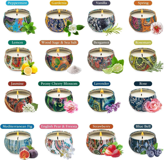 Scented Candles Gift Set, Natural Soy Wax Portable Travel Tin Candles Women Gift with Strongly Fragrance Essential Oils for Stress Relief and Aromatherapy - 16 Pack