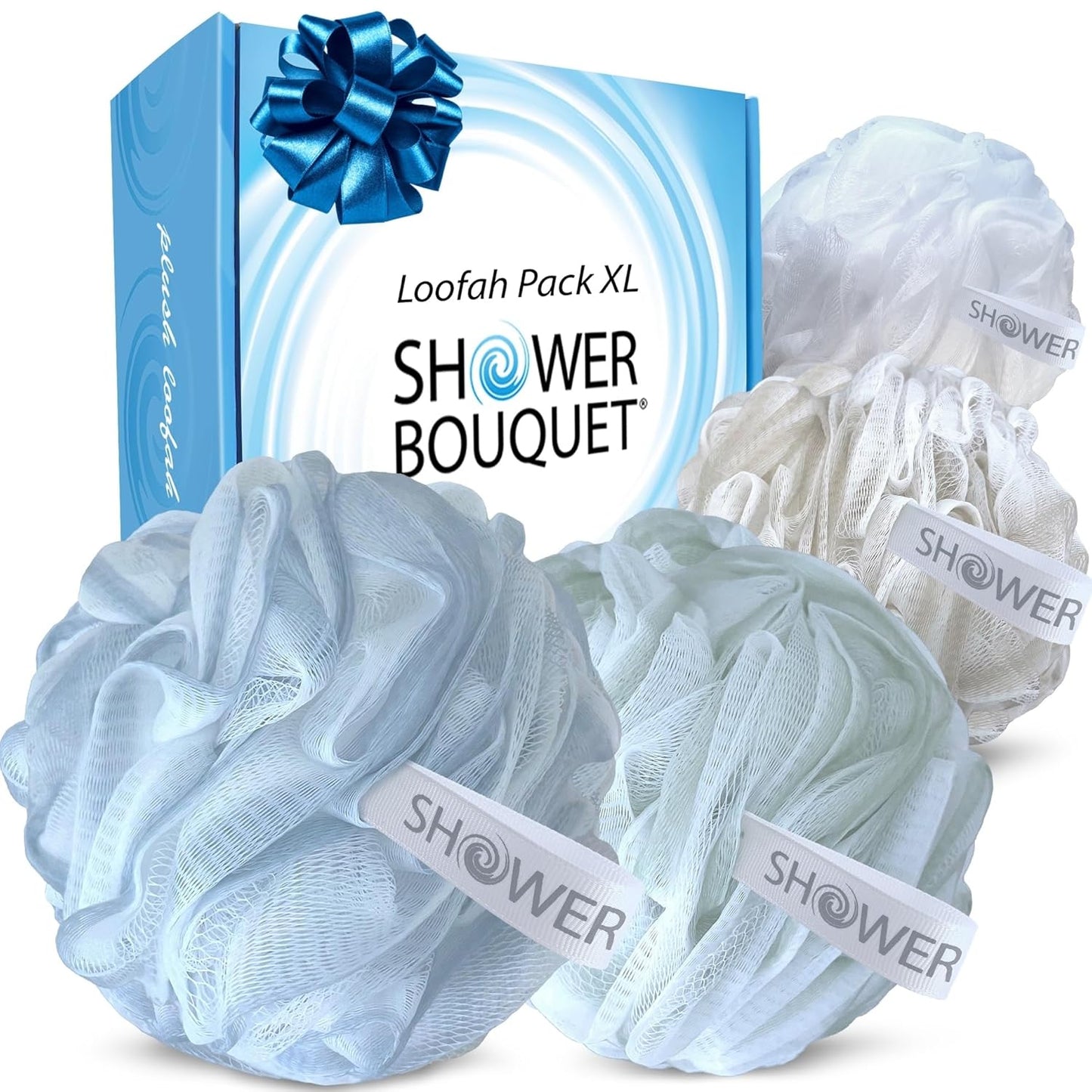Loofah-Charcoal Bath-Sponge Xl-Color-4-Pack // Extra Large 75G Soft Mesh Black Luffa Loofa Loufa Puff Set/Exfoliating Body Scrubber for Women and Men - Exfoliate & Soothe Face & Body