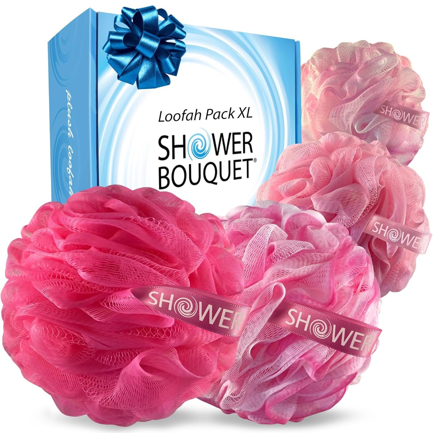 Loofah-Charcoal Bath-Sponge Xl-Color-4-Pack // Extra Large 75G Soft Mesh Black Luffa Loofa Loufa Puff Set/Exfoliating Body Scrubber for Women and Men - Exfoliate & Soothe Face & Body