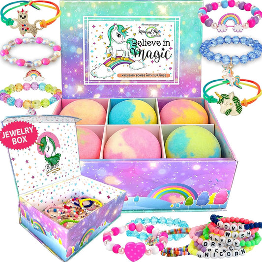 Unicorn Bath Bombs for Girls with Jewelry inside & Jewelry Box for Kids - Organic, Skin Moisturizing, Natural Bubble Bath Bombs for Kids with Surprise Toy Inside, Birthday, Christmas Gift for Girls
