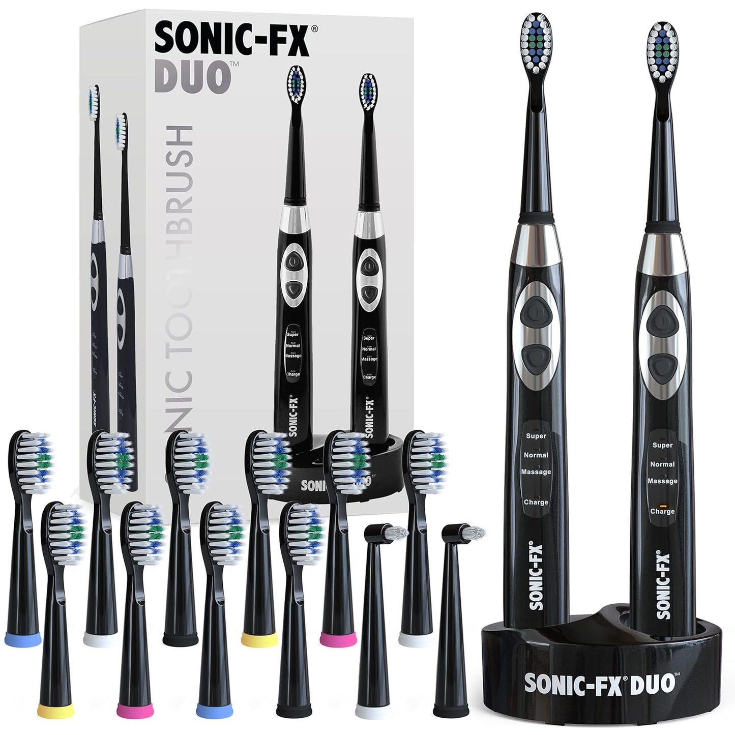 Duo Rechargeable Electric Toothbrush Set - with 14 Brush Heads, 3 Modes, Smart Auto-Timer, Charging Dock Holder - Dual Handle Electric Tooth Brush for Adults & Kids, Black and White