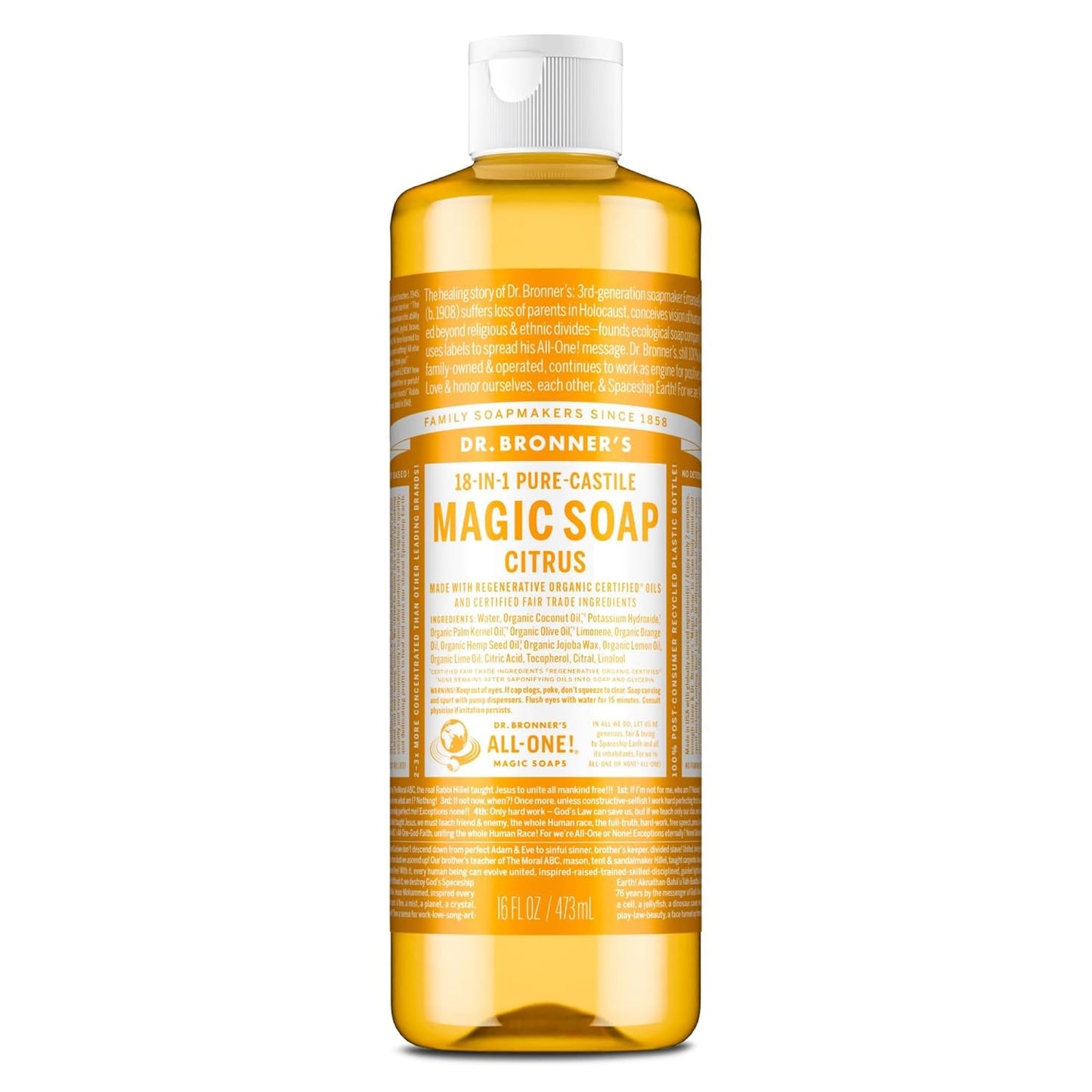 Magic Soap-Pure-Castile Liquid Soap (Citrus, 32Oz, 2-Pack)-Regenerative Organic Certified Oils, 18-In-1 Uses: Body, Hair, Laundry, Pets & Dishes, Concentrated, Vegan, Non-Gmo