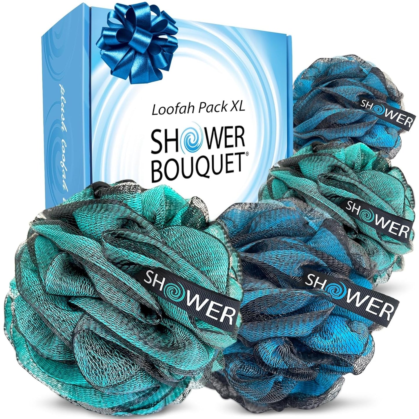 Loofah-Charcoal Bath-Sponge Xl-Color-4-Pack // Extra Large 75G Soft Mesh Black Luffa Loofa Loufa Puff Set/Exfoliating Body Scrubber for Women and Men - Exfoliate & Soothe Face & Body