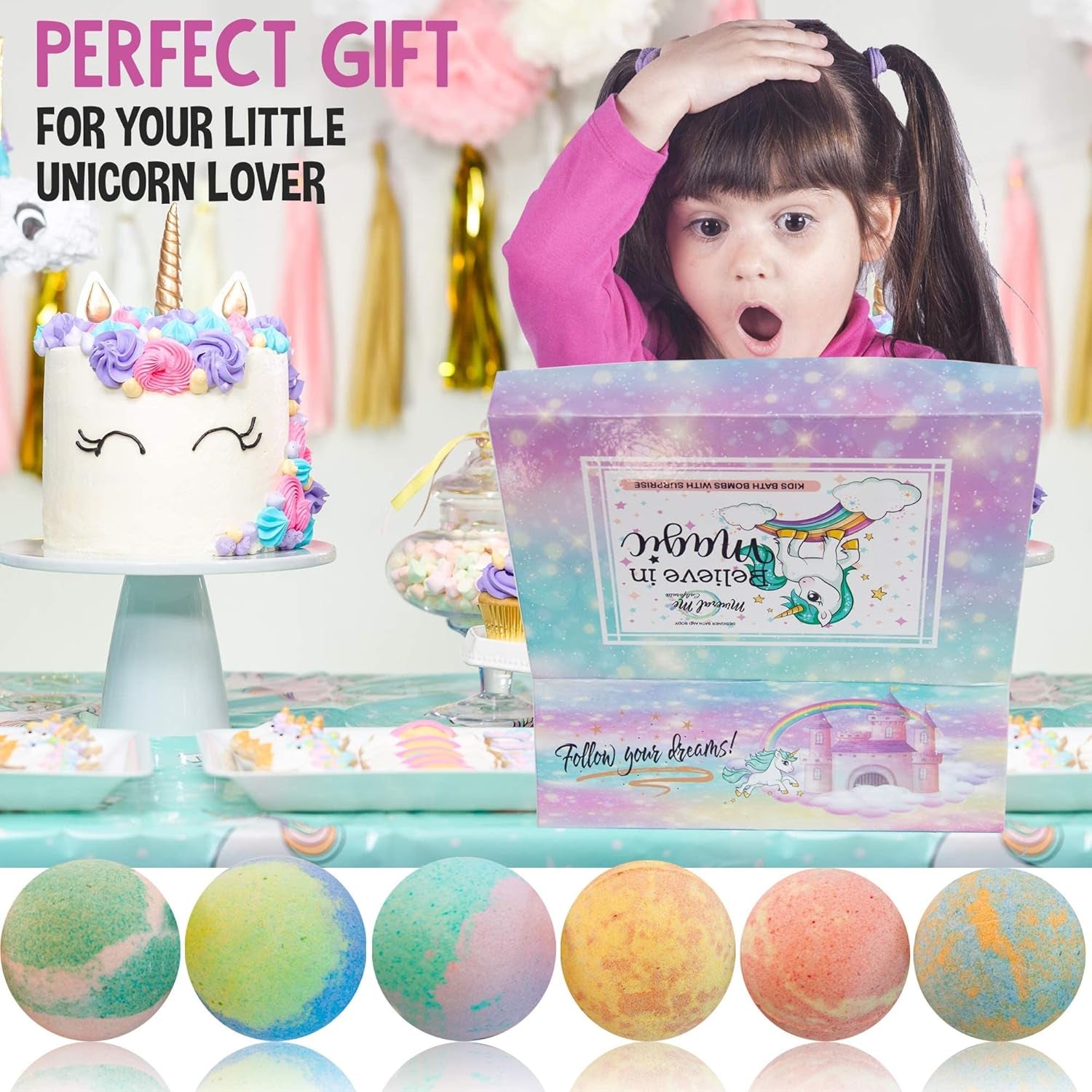 Unicorn Bath Bombs for Girls with Jewelry inside & Jewelry Box for Kids - Organic, Skin Moisturizing, Natural Bubble Bath Bombs for Kids with Surprise Toy Inside, Birthday, Christmas Gift for Girls