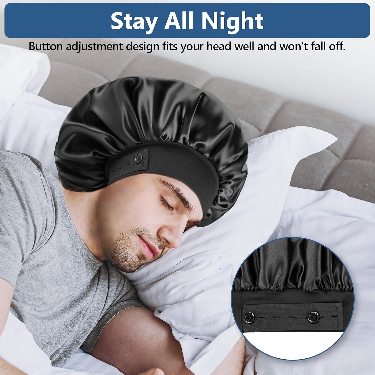 Satin Bonnets for Men Women, Adjustable & Soft Elastic Band Hair Bonnet Large Silk Bonnet for Sleeping Curly Hair Braids