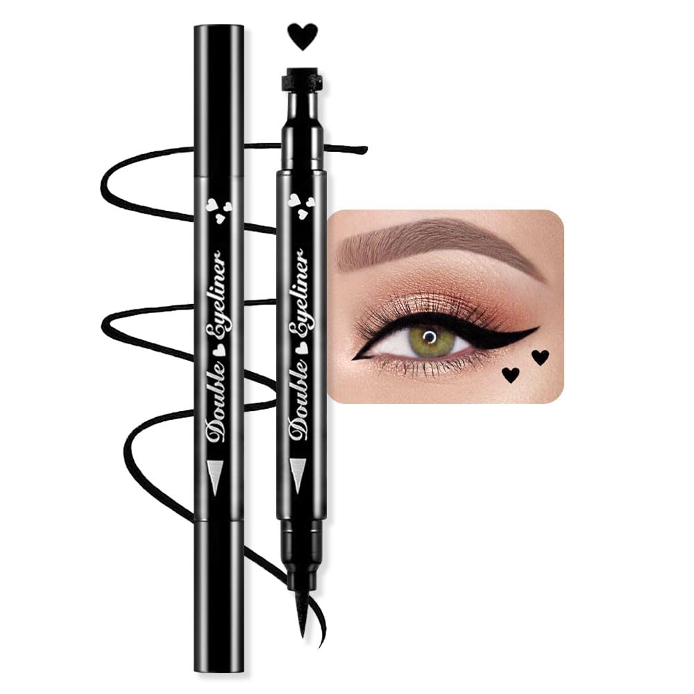 Double-Sided Liquid Stamp Eyeliner Pen, Face Stamps Makeup Extremely Black Waterproof Slim Gel Felt Tip High Black Pigment Liquid Eyeliner & Seal (Black)