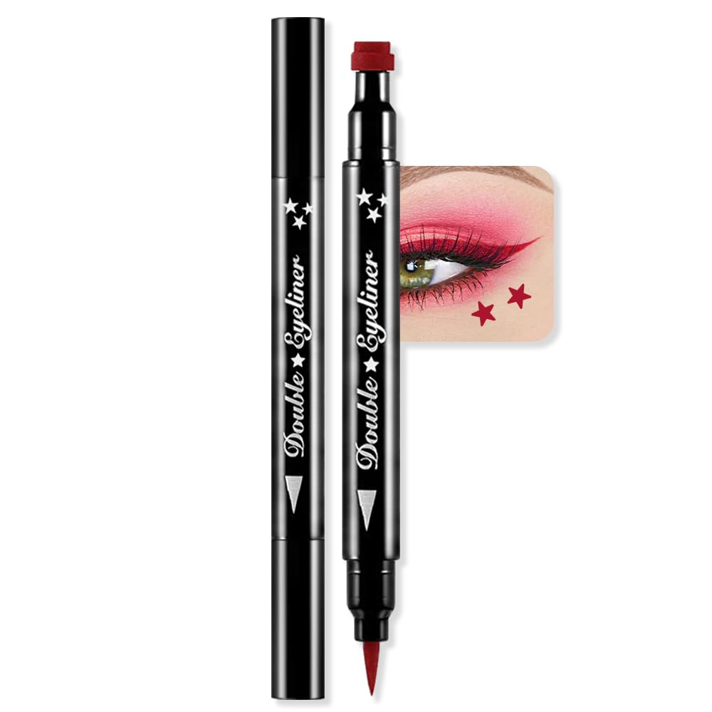 Double-Sided Liquid Stamp Eyeliner Pen, Face Stamps Makeup Extremely Black Waterproof Slim Gel Felt Tip High Black Pigment Liquid Eyeliner & Seal (Black)