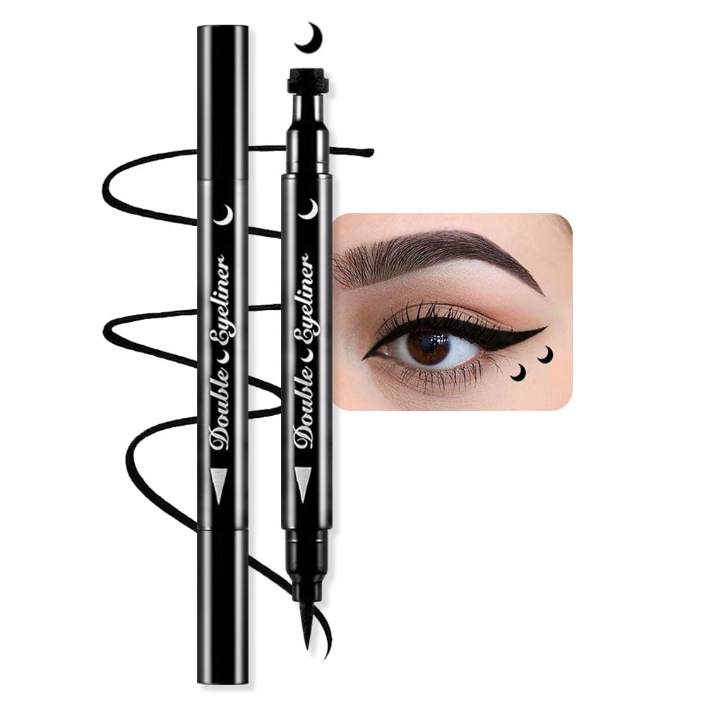 Double-Sided Liquid Stamp Eyeliner Pen, Face Stamps Makeup Extremely Black Waterproof Slim Gel Felt Tip High Black Pigment Liquid Eyeliner & Seal (Black)