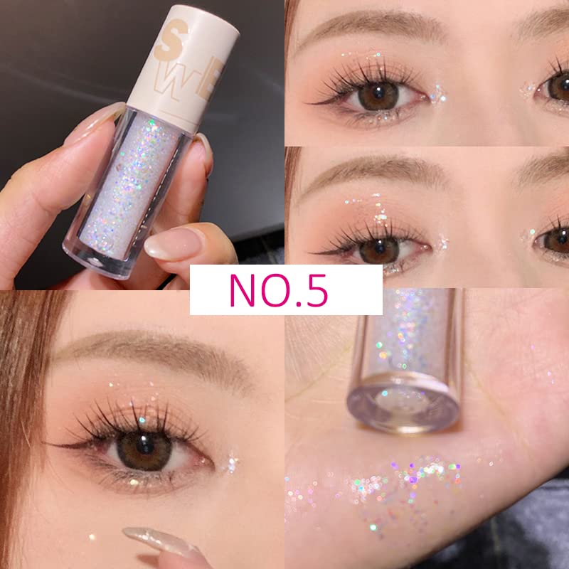 5Pcs Liquid Glitter Eyeshadow Set- Sparkling Metallic High Pigmented Glitter Eye Shadow Korean Crystals Makeup, Quick Drying Long Lasting Creates High-Impact Multi Dimensional Eye Looks