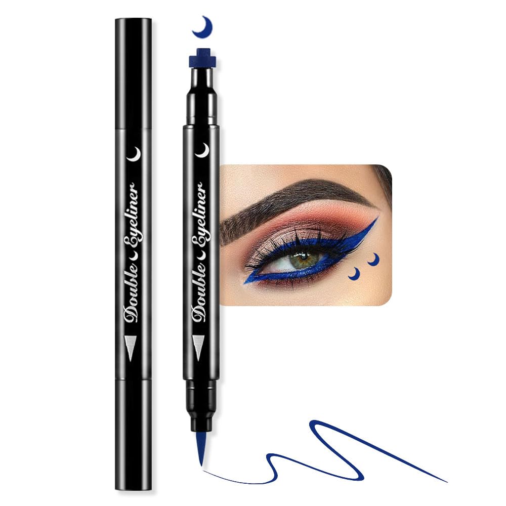 Double-Sided Liquid Stamp Eyeliner Pen, Face Stamps Makeup Extremely Black Waterproof Slim Gel Felt Tip High Black Pigment Liquid Eyeliner & Seal (Black)