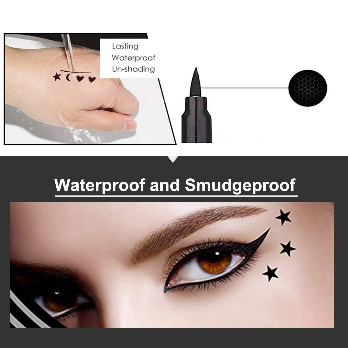 Double-Sided Liquid Stamp Eyeliner Pen, Face Stamps Makeup Extremely Black Waterproof Slim Gel Felt Tip High Black Pigment Liquid Eyeliner & Seal (Black)