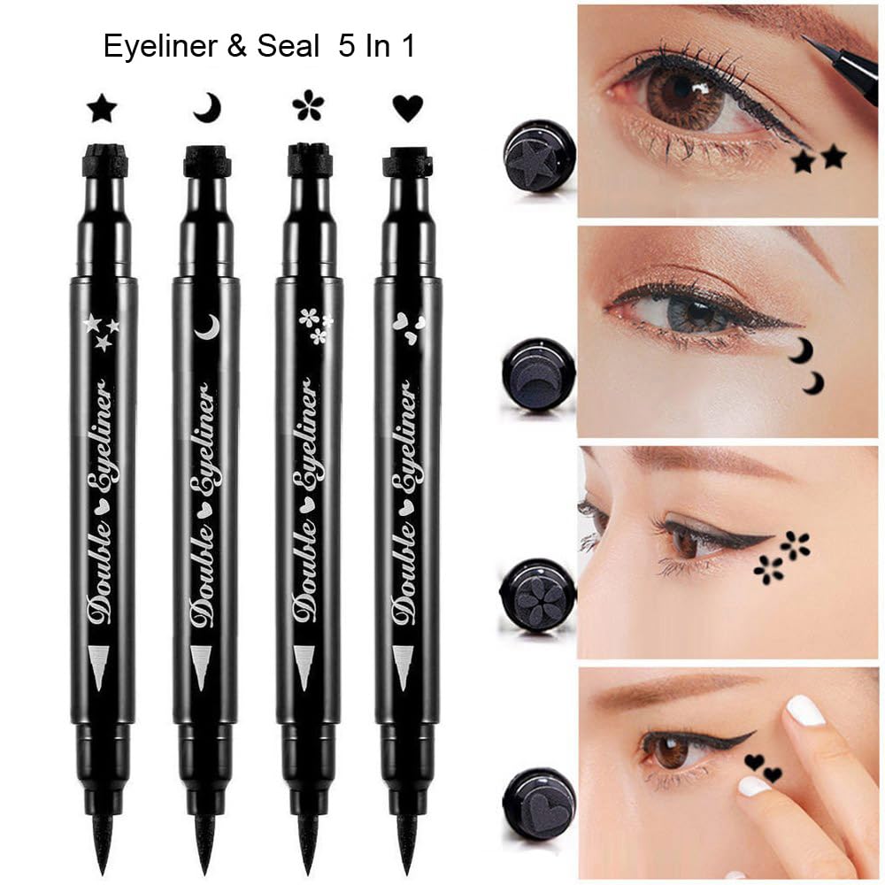 Double-Sided Liquid Stamp Eyeliner Pen, Face Stamps Makeup Extremely Black Waterproof Slim Gel Felt Tip High Black Pigment Liquid Eyeliner & Seal (Black)