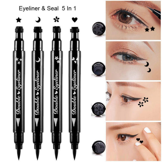 Double-Sided Liquid Stamp Eyeliner Pen, Face Stamps Makeup Extremely Black Waterproof Slim Gel Felt Tip High Black Pigment Liquid Eyeliner & Seal (Black)