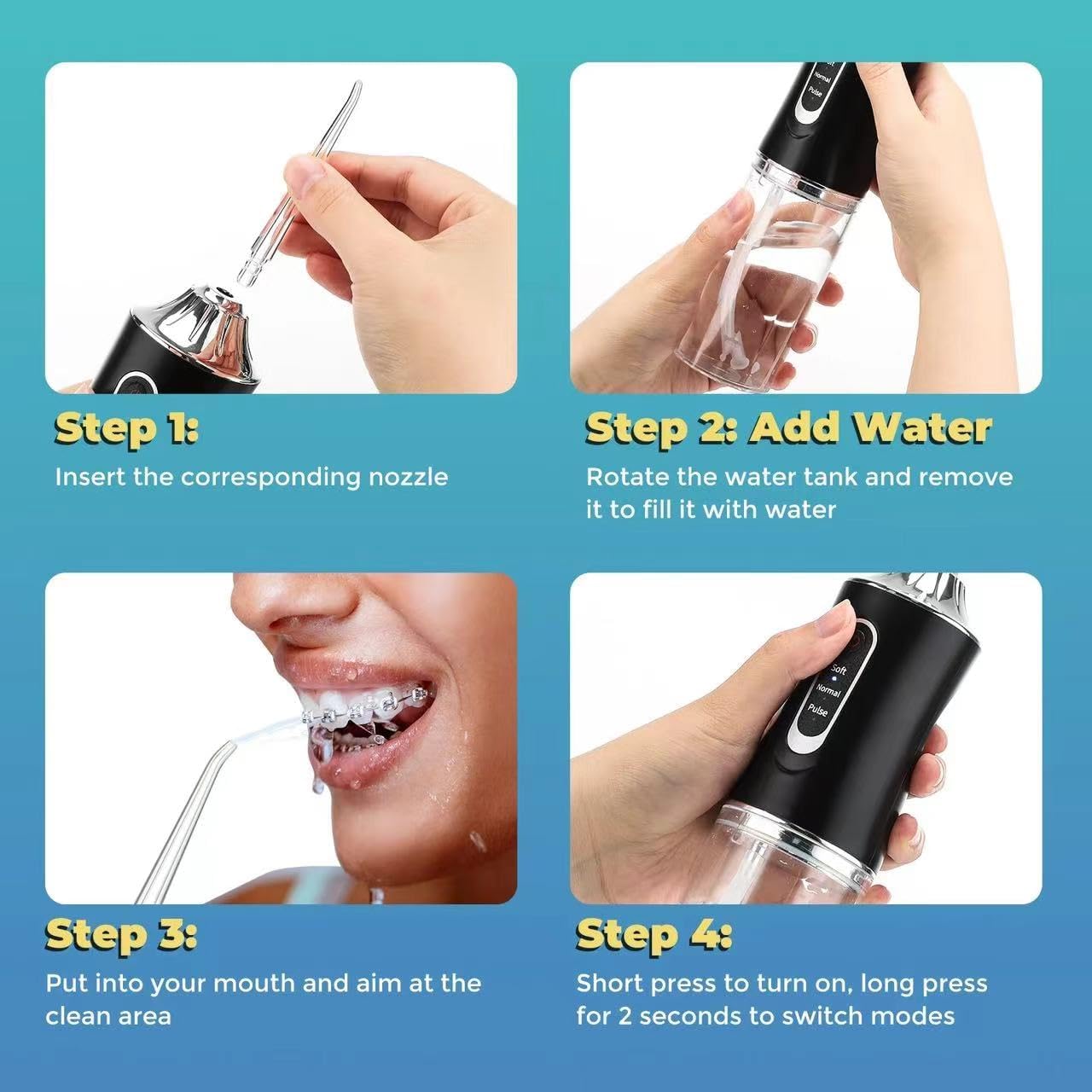 Water Dental Flosser Teeth Pick Portable Cordless Oral Irrigator Rechargeable Travel Irrigation Cleaner 3 Modes 4 Jets IPX7 Waterproof Electric (Black)