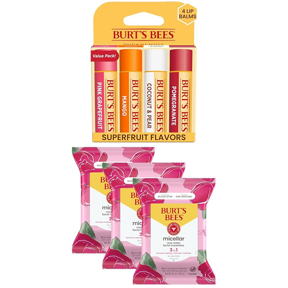 Burts Bees Micellar Rose Water Facial Towelettes, 100% Plant Based Cloth; 99% Natural Origin; Remove Makeup, Cleanse, Hydrate; No Greasy, Oily Residue; All Skin Types; 30 Ct, Pack of 3 (Pack May Vary)