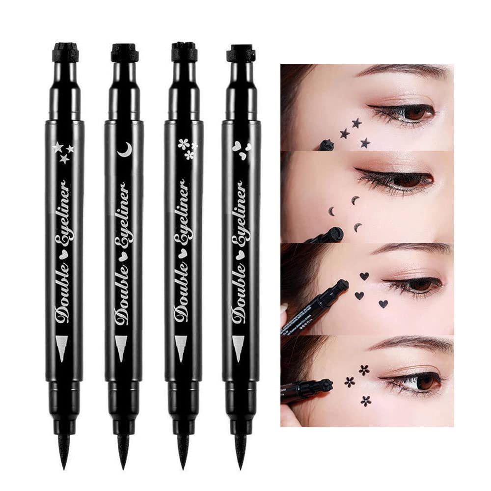 Double-Sided Liquid Stamp Eyeliner Pen, Face Stamps Makeup Extremely Black Waterproof Slim Gel Felt Tip High Black Pigment Liquid Eyeliner & Seal (Black)