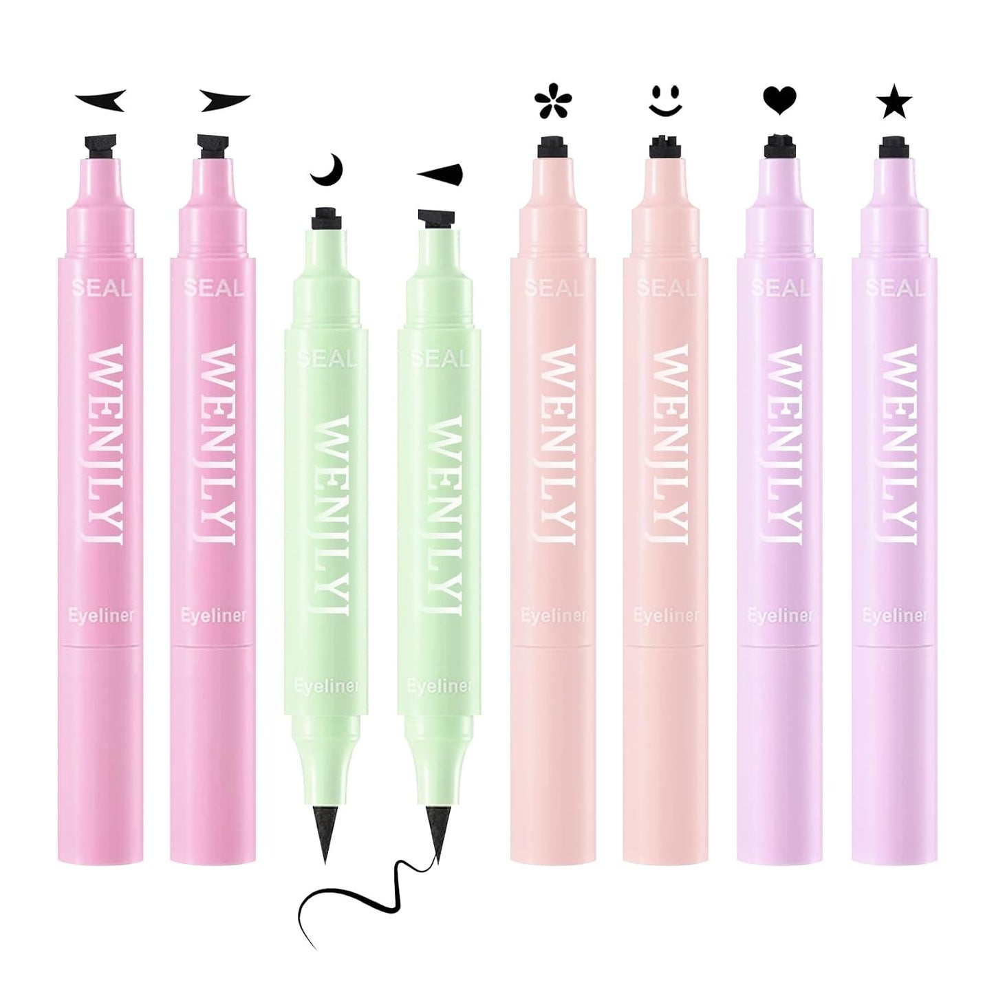 5PCS Black Liquid Eyeliner Stamps Set,Double-Side Winged Eyeliner Stencil Pen,Waterproof Long Lasting Eye Liners Stamp Eyeliner Pencil Tattoo Makeup Tools with Heart,Flower,Star,Butterfly,Cone Shapes