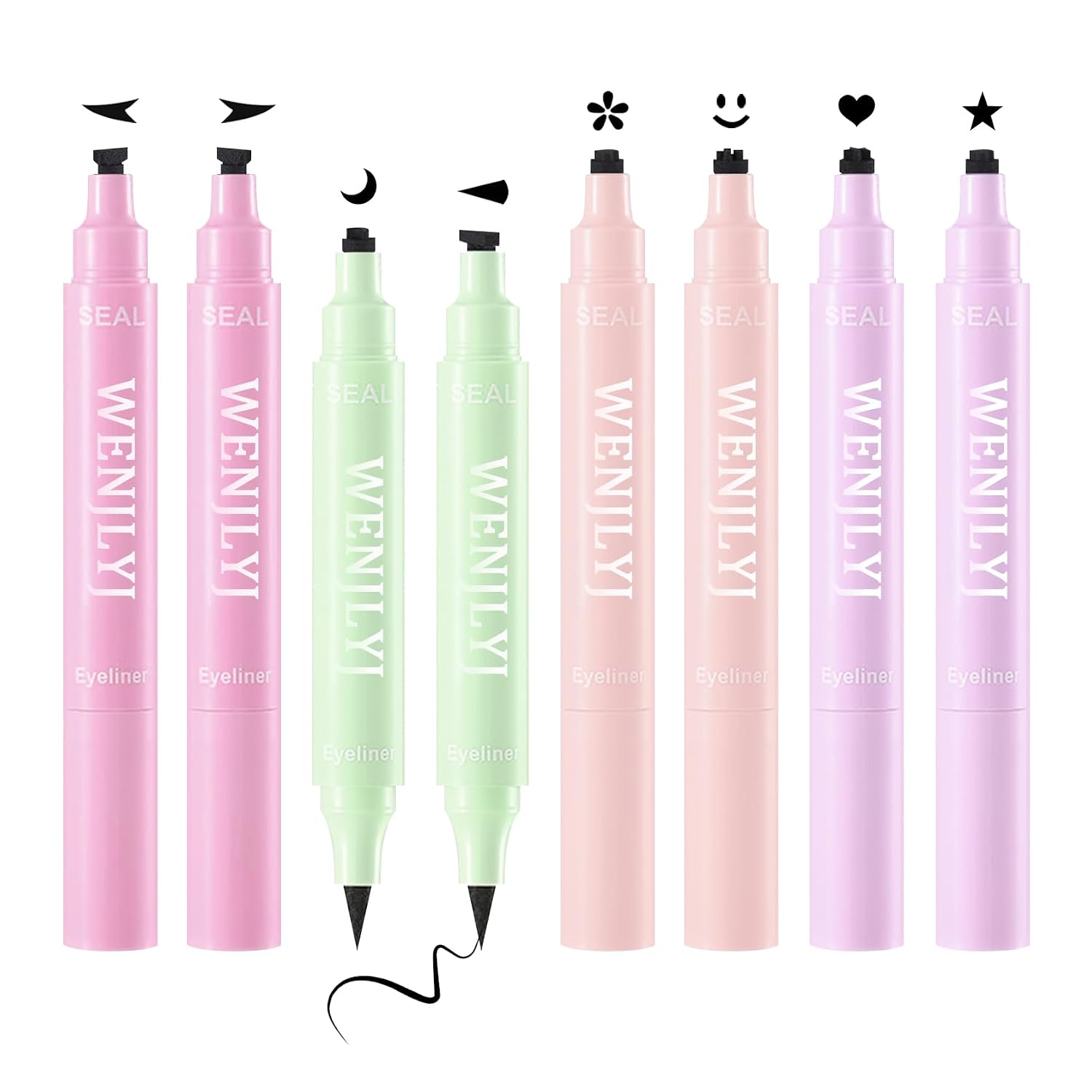 5PCS Black Liquid Eyeliner Stamps Set,Double-Side Winged Eyeliner Stencil Pen,Waterproof Long Lasting Eye Liners Stamp Eyeliner Pencil Tattoo Makeup Tools with Heart,Flower,Star,Butterfly,Cone Shapes