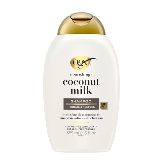 OGX Nourishing + Coconut Milk Moisturizing Shampoo, Hydrating & Restoring Shampoo Moisturizes for Soft Hair after the First Use, Paraben-Free, Sulfate-Free Surfactants, 13 Fl. Oz