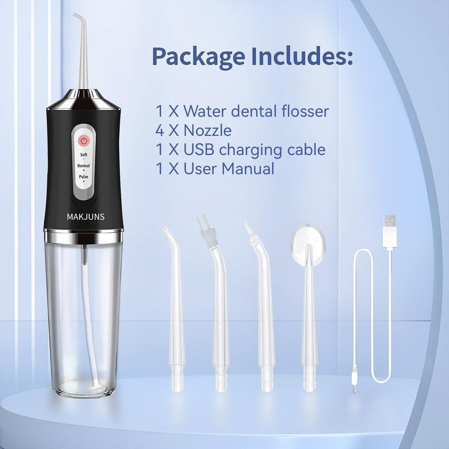Water Dental Flosser Teeth Pick Portable Cordless Oral Irrigator Rechargeable Travel Irrigation Cleaner 3 Modes 4 Jets IPX7 Waterproof Electric (Black)