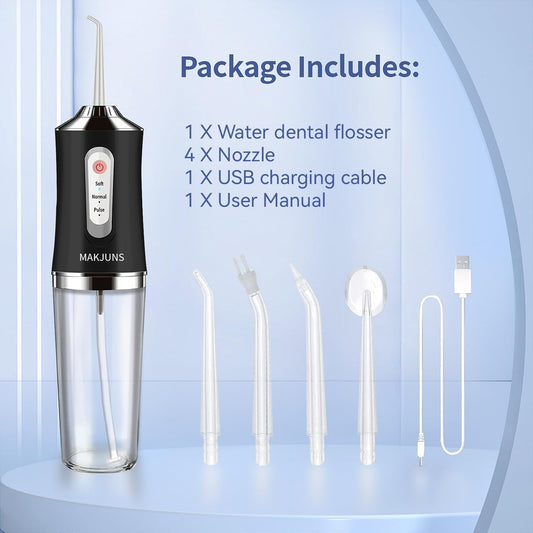 Water Dental Flosser Teeth Pick Portable Cordless Oral Irrigator Rechargeable Travel Irrigation Cleaner 3 Modes 4 Jets IPX7 Waterproof Electric (Black)