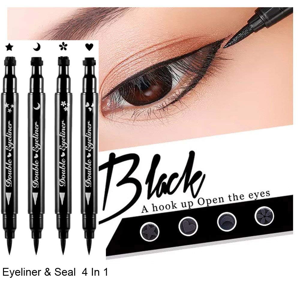 Double-Sided Liquid Stamp Eyeliner Pen, Face Stamps Makeup Extremely Black Waterproof Slim Gel Felt Tip High Black Pigment Liquid Eyeliner & Seal (Black)