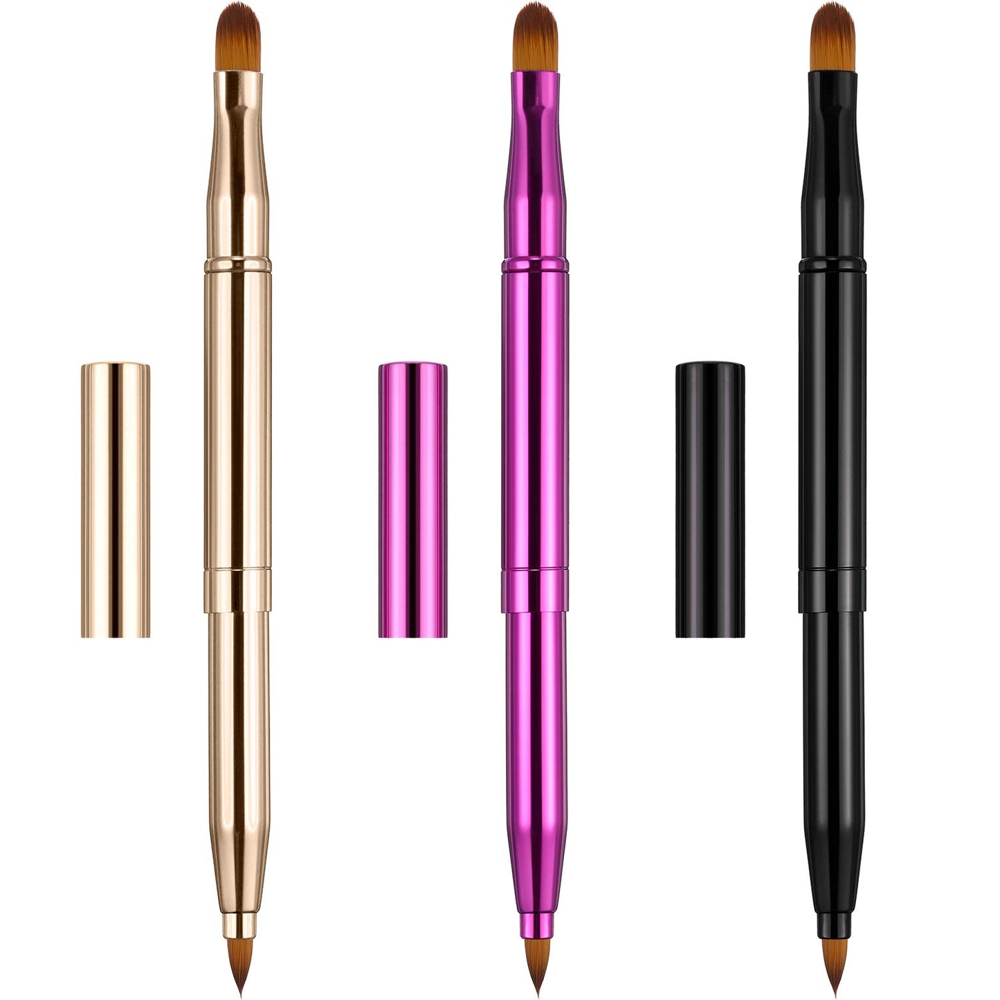 3 Pack Retractable Lip Brush for Lipstick with Cap Dual-Ended Liner Foundation Makeup Brush Sets Travel Applicators(Gradient Black, Gradient Red, Bright Pink)