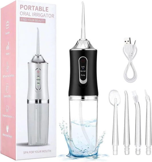 Water Dental Flosser Teeth Pick Portable Cordless Oral Irrigator Rechargeable Travel Irrigation Cleaner 3 Modes 4 Jets IPX7 Waterproof Electric (Black)