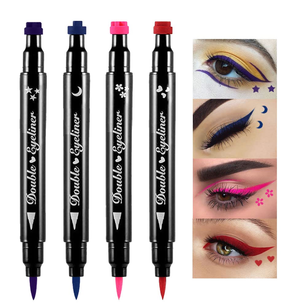 Double-Sided Liquid Stamp Eyeliner Pen, Face Stamps Makeup Extremely Black Waterproof Slim Gel Felt Tip High Black Pigment Liquid Eyeliner & Seal (Black)