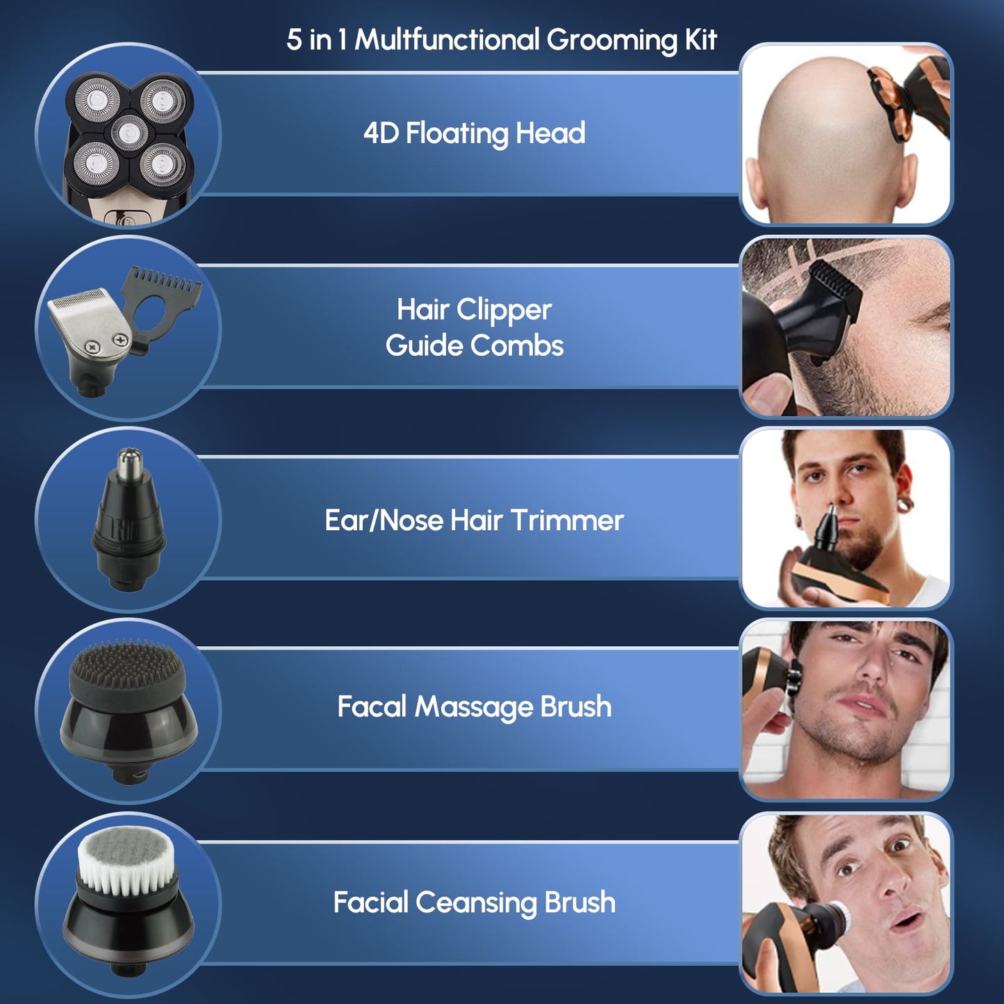 5-In-1 Head Shaver for Bald Men, 4D Electric Rotary Razor, Cordless Wet & Dry Waterproof, Rechargeable Grooming Kit with Precision Blades, Nose Trimmer & Facial Brush, Father'S Day Gift