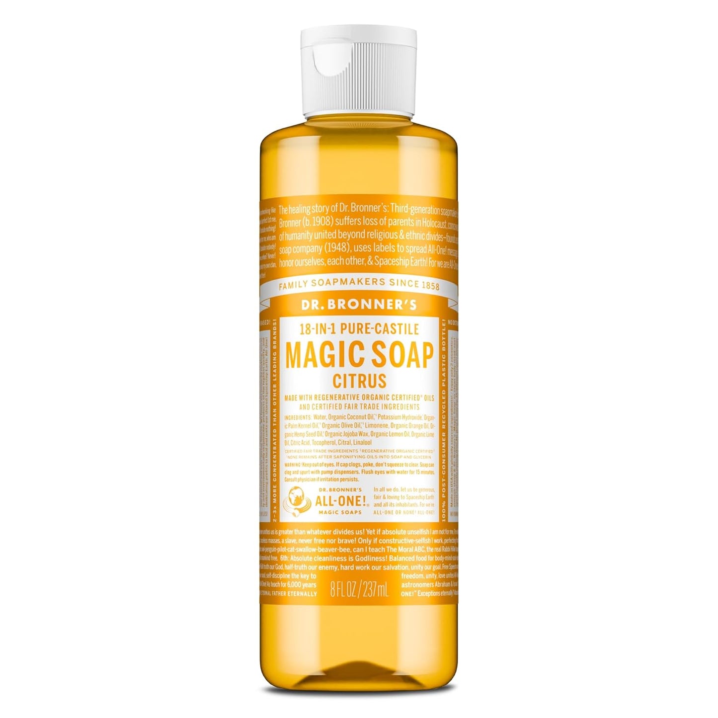 Magic Soap-Pure-Castile Liquid Soap (Citrus, 32Oz, 2-Pack)-Regenerative Organic Certified Oils, 18-In-1 Uses: Body, Hair, Laundry, Pets & Dishes, Concentrated, Vegan, Non-Gmo