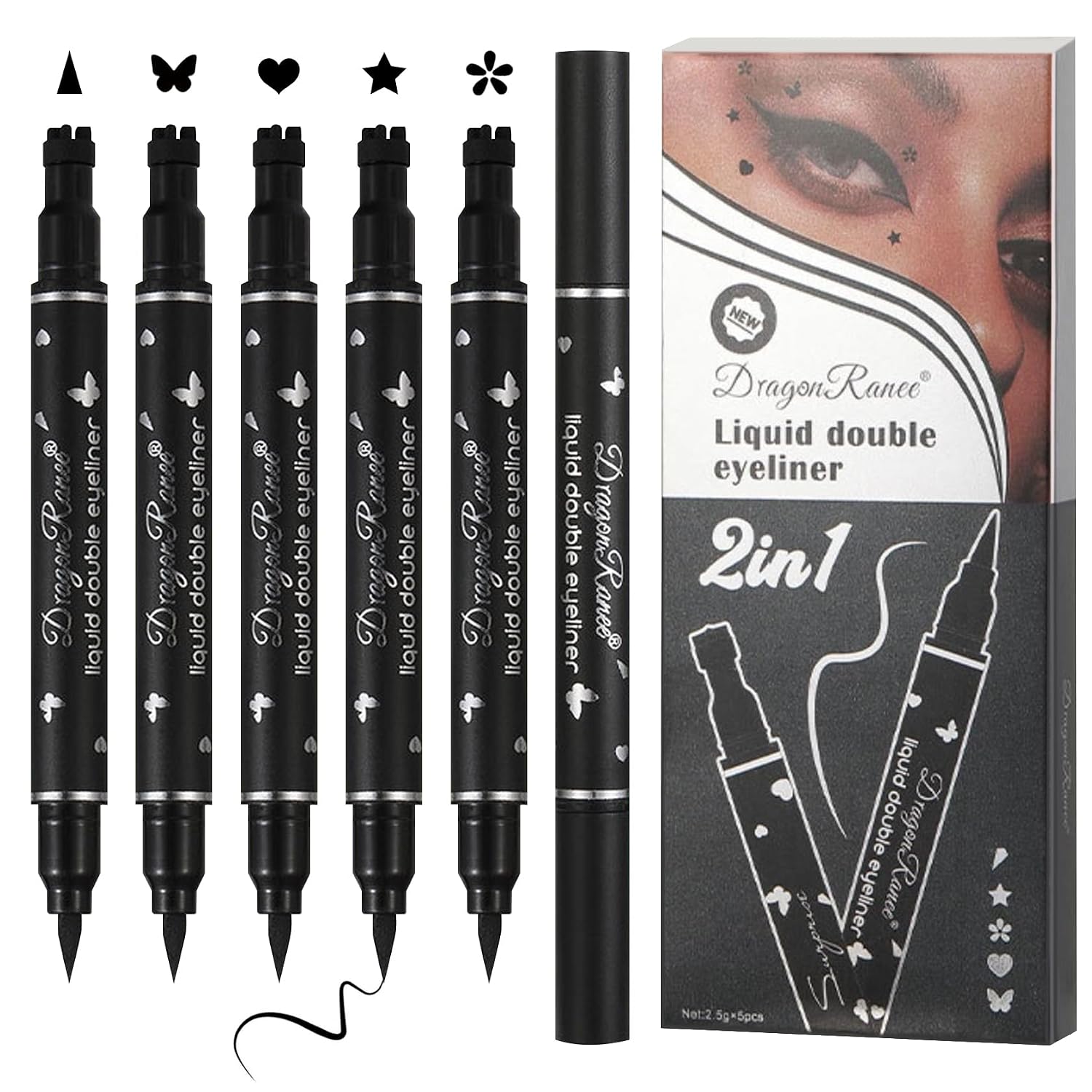 5PCS Black Liquid Eyeliner Stamps Set,Double-Side Winged Eyeliner Stencil Pen,Waterproof Long Lasting Eye Liners Stamp Eyeliner Pencil Tattoo Makeup Tools with Heart,Flower,Star,Butterfly,Cone Shapes