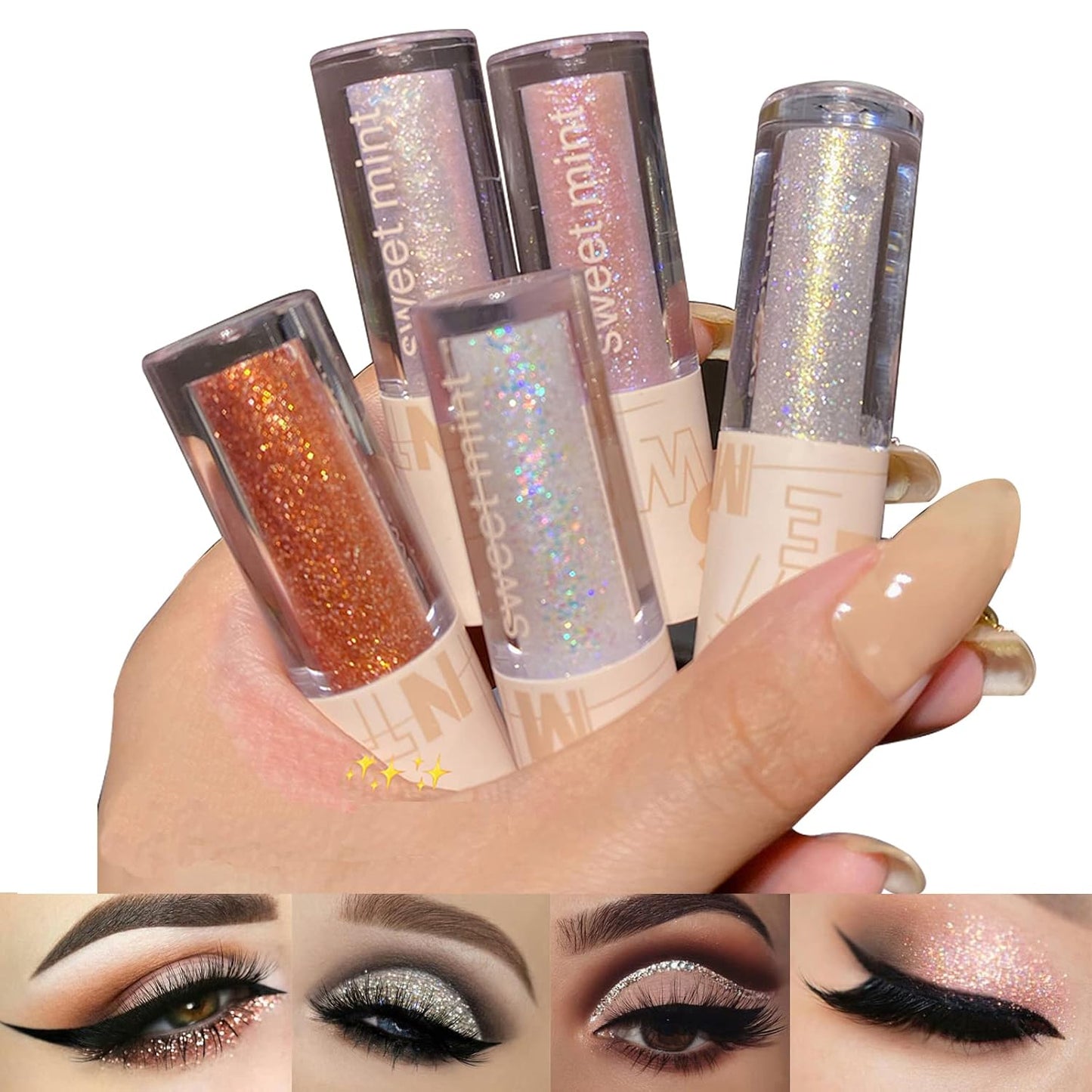 5Pcs Liquid Glitter Eyeshadow Set- Sparkling Metallic High Pigmented Glitter Eye Shadow Korean Crystals Makeup, Quick Drying Long Lasting Creates High-Impact Multi Dimensional Eye Looks