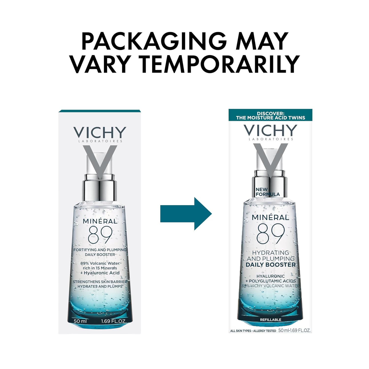 Vichy Mineral 89 Booster, Pure Hyaluronic Acid Serum for Face with Polyglutamic Acid for Skin Barrier Repair, Plumps & Hydrates, Lightweight Hydrating Serum, Oil-Free, Non-Sticky