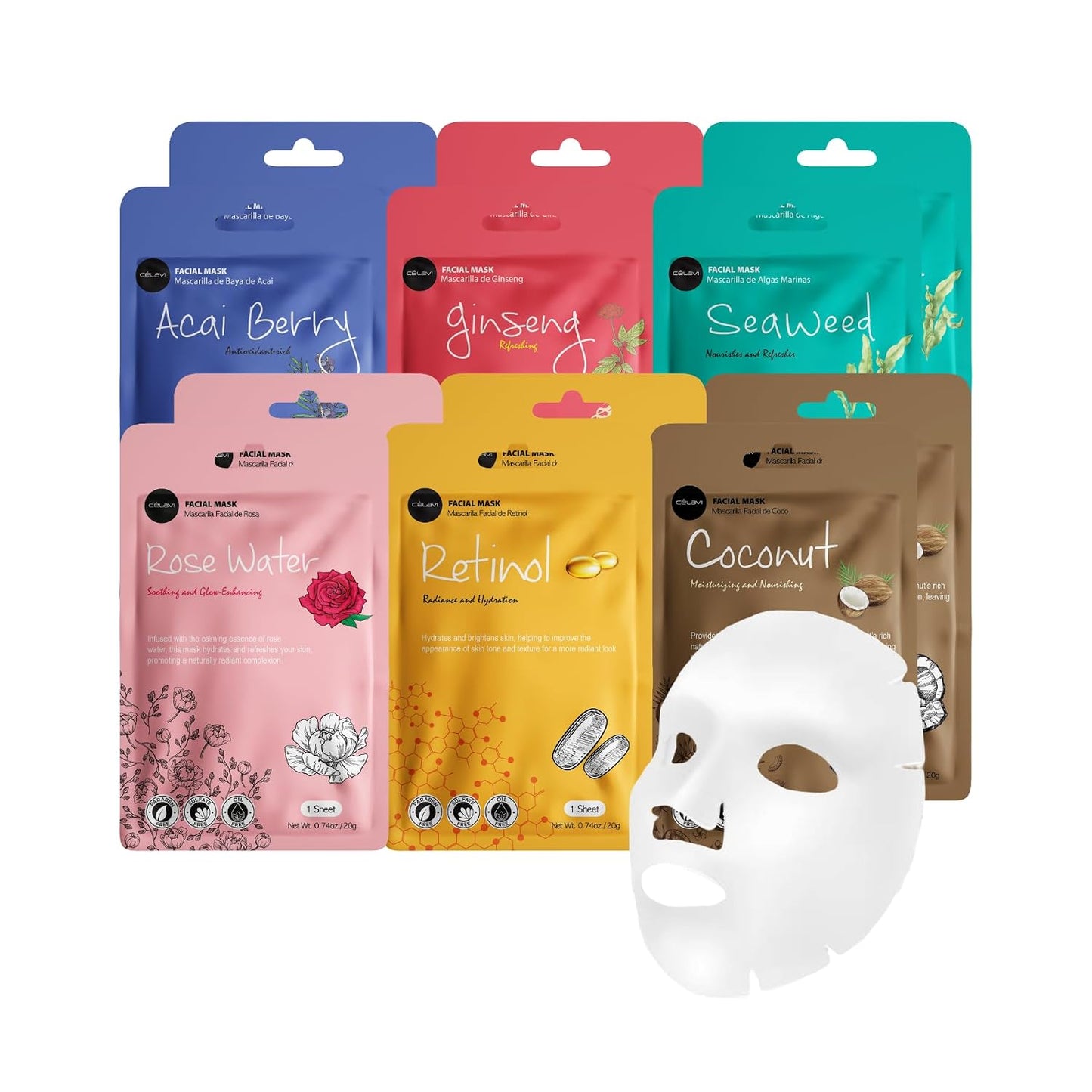 Celavi Essence Facial Face Mask Paper Sheet Korea Skin Care Moisturizing 12 Pack (Mix - 2 of Each)
