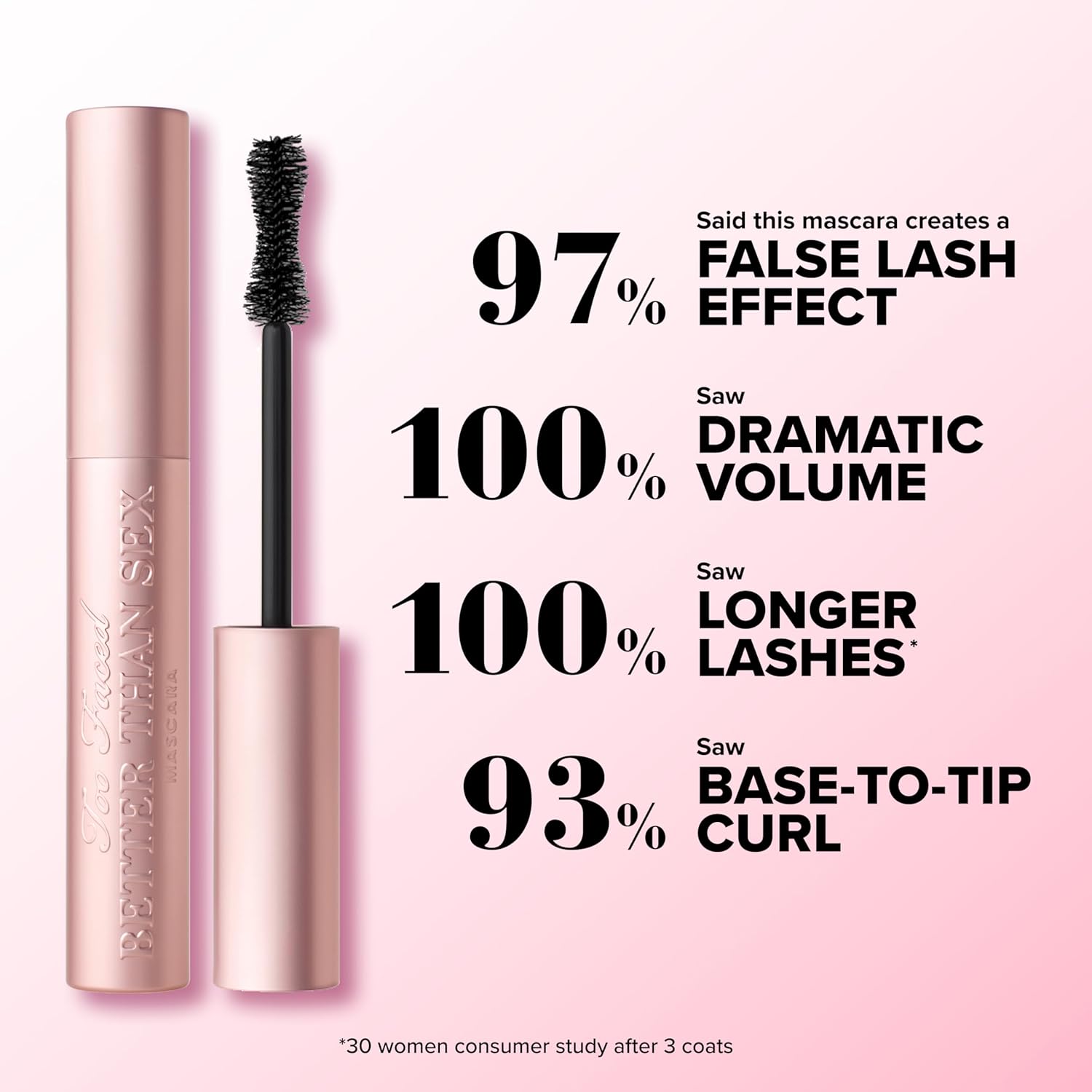 Too Faced Better than Sex Volumizing and Lengthening Mascara | Vegan Formula, Dramatic Volume and Length | Cruelty-Free Eye Makeup + Hourglass Brush for False Lash Effect