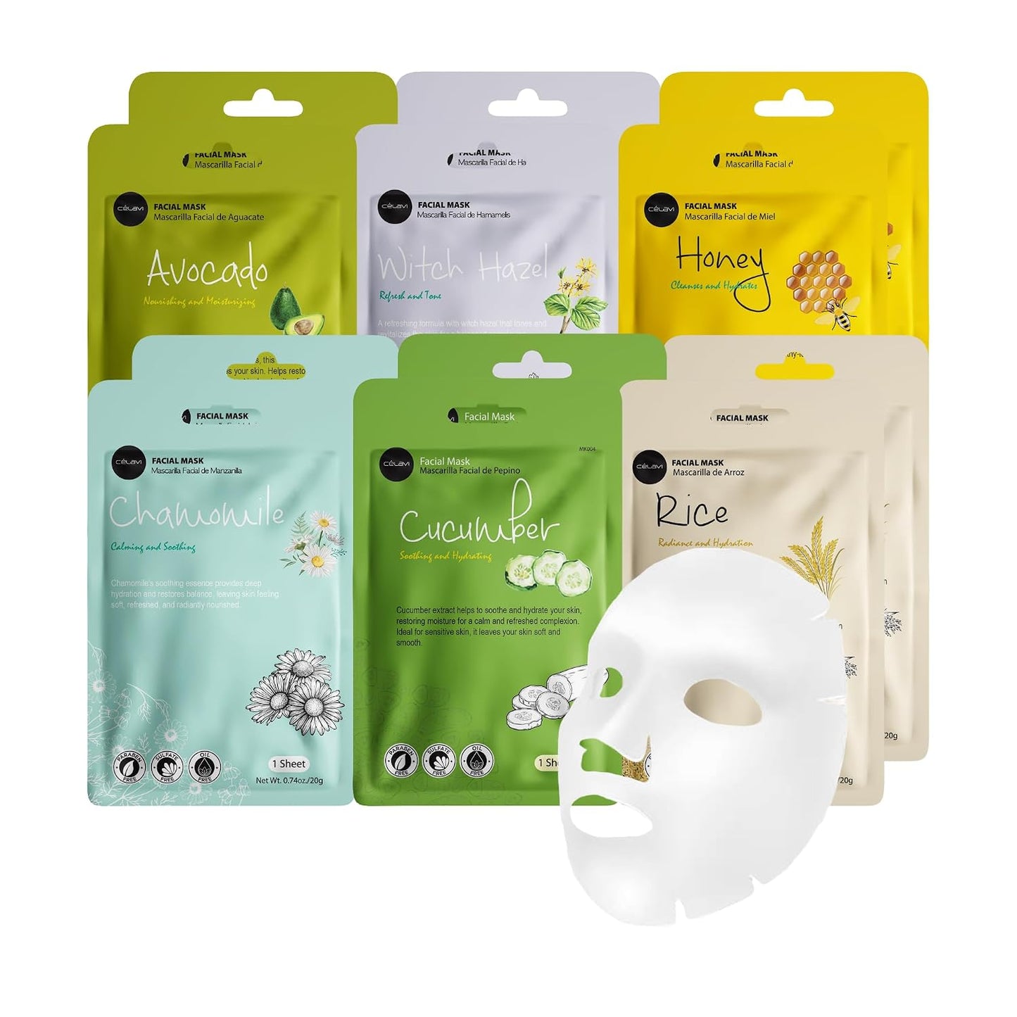 Celavi Essence Facial Face Mask Paper Sheet Korea Skin Care Moisturizing 12 Pack (Mix - 2 of Each)