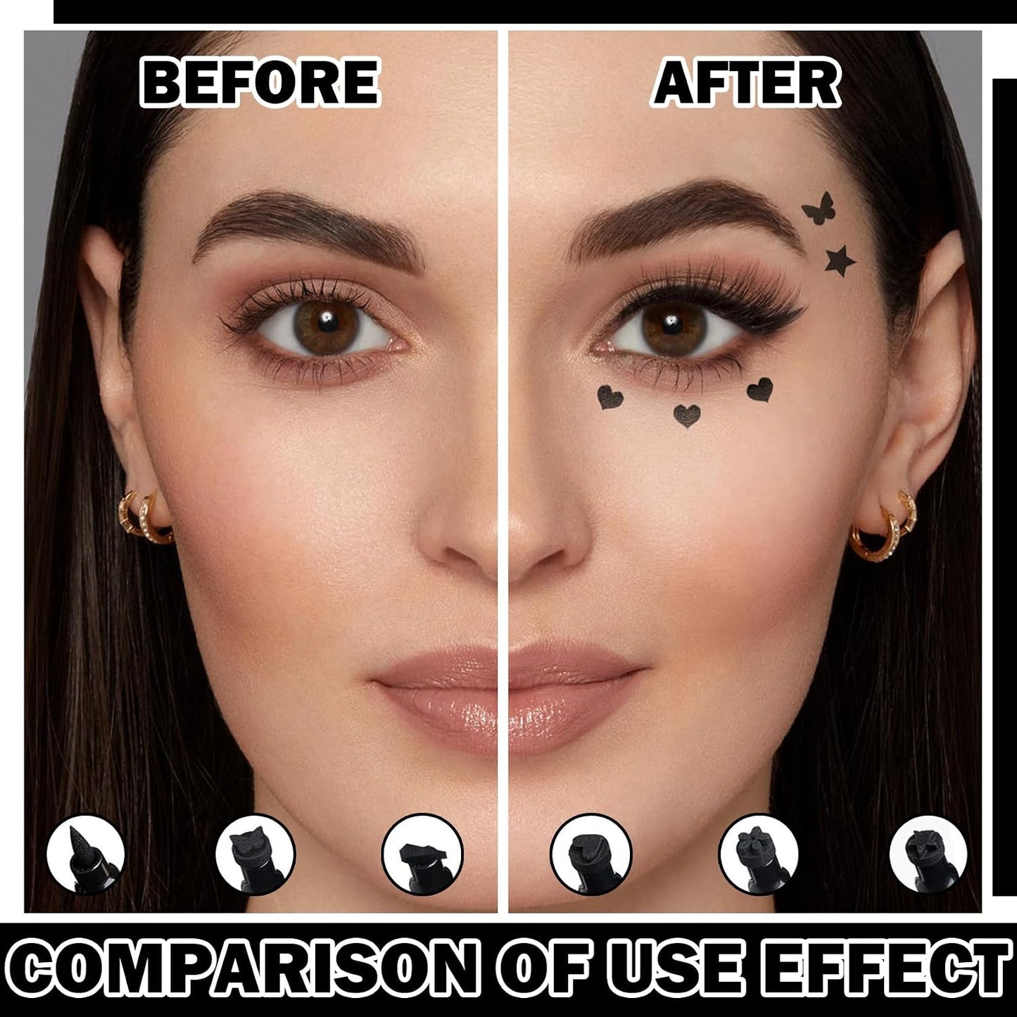 5PCS Black Liquid Eyeliner Stamps Set,Double-Side Winged Eyeliner Stencil Pen,Waterproof Long Lasting Eye Liners Stamp Eyeliner Pencil Tattoo Makeup Tools with Heart,Flower,Star,Butterfly,Cone Shapes