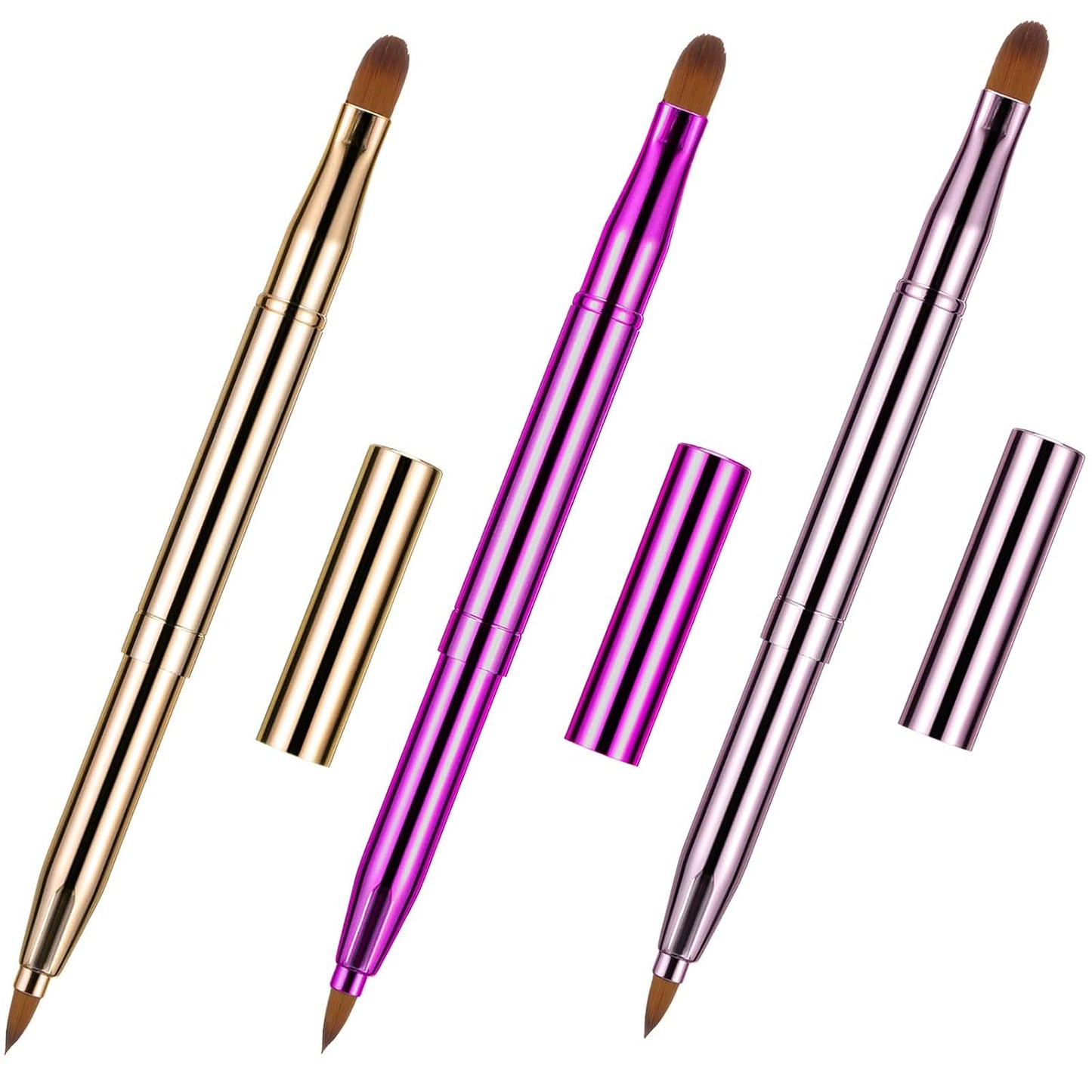 3 Pack Retractable Lip Brush for Lipstick with Cap Dual-Ended Liner Foundation Makeup Brush Sets Travel Applicators(Gradient Black, Gradient Red, Bright Pink)