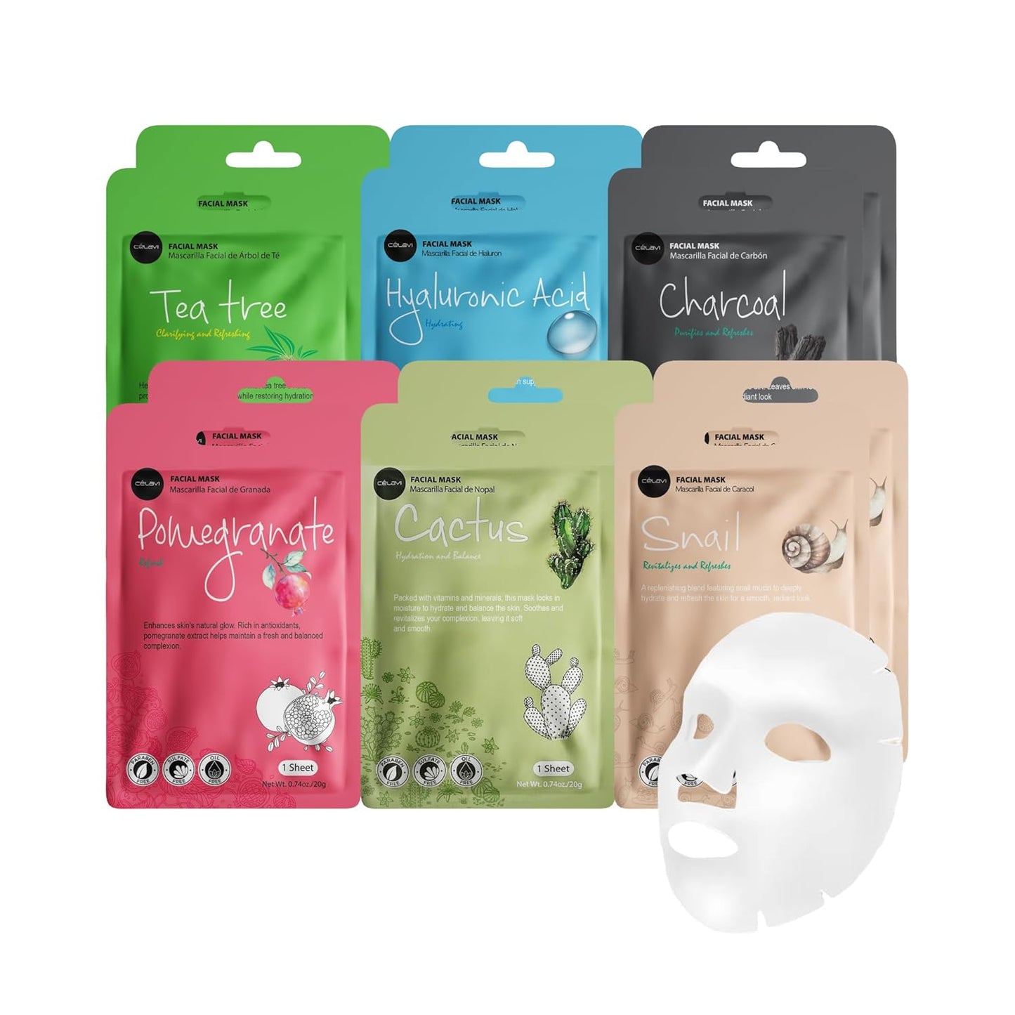 Celavi Essence Facial Face Mask Paper Sheet Korea Skin Care Moisturizing 12 Pack (Mix - 2 of Each)