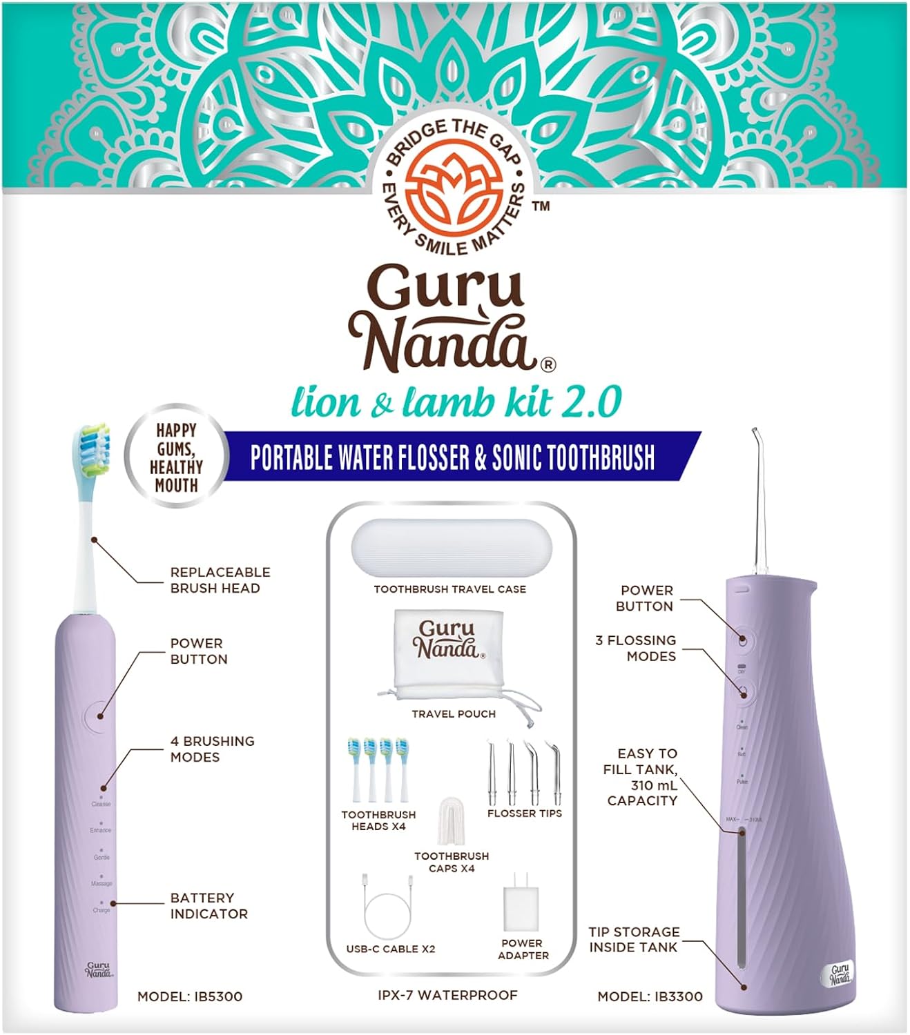 Lion & Lamb Kit 2.0, Electric Toothbrush with Water Flosser Combo, 4 Jet Tips, 4 Brush Heads, & IPX7 Waterproof Design for Complete Oral Care, Lavender