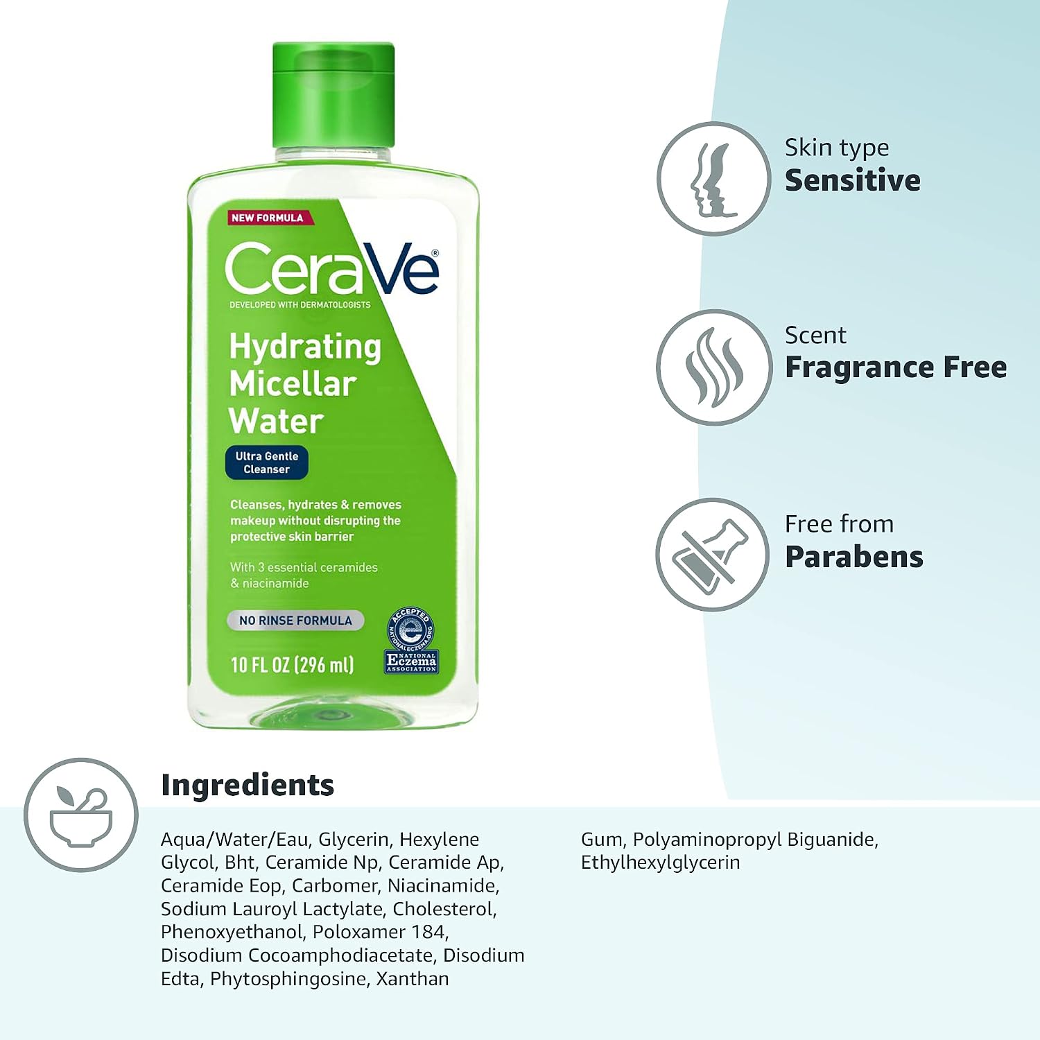Micellar Water, Hydrating Facial Cleanser & Eye Makeup Remover with Niacinamide, Ceramides & Glycerin, Fragrance-Free & Non-Irritating, 10 Fluid Ounces
