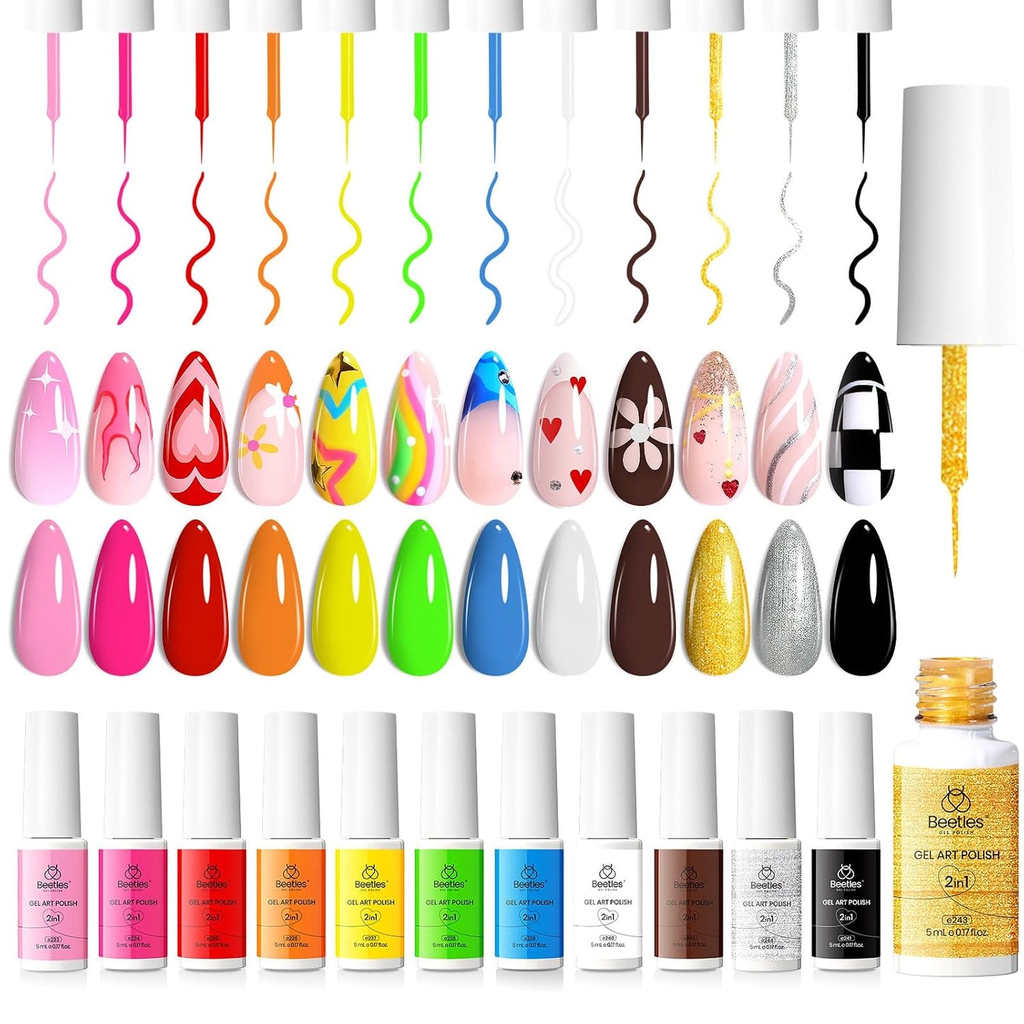 Beetles Nail Art Gel Liner Polish 12 Colors Reflective Glitter Gel Nail Polish, Gold Silver Pink Blue Purple Brown Black Kit Soak off Uv Nail Art Design Set Summer Manicure Gifts for Women
