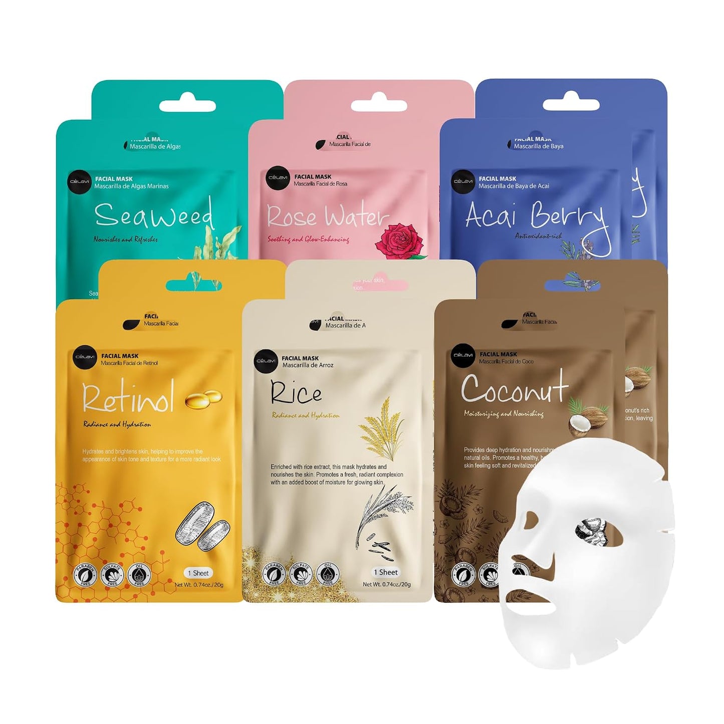 Celavi Essence Facial Face Mask Paper Sheet Korea Skin Care Moisturizing 12 Pack (Mix - 2 of Each)